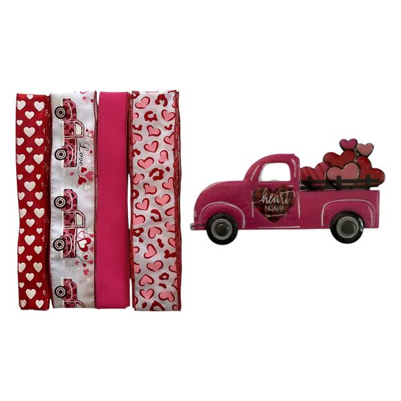 Valentine Truck Sign & Ribbon Bundle | DIY Pink Red Hearts Wreath Kit Supplies - Picture 1 of 4
